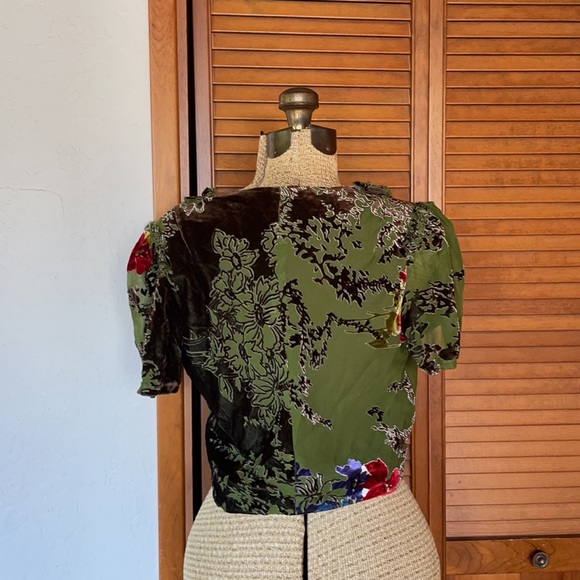 JALOUX | Green & Brown Silk Velvet Floral Short Sleeve Shrug | M - Picture 7 of 17